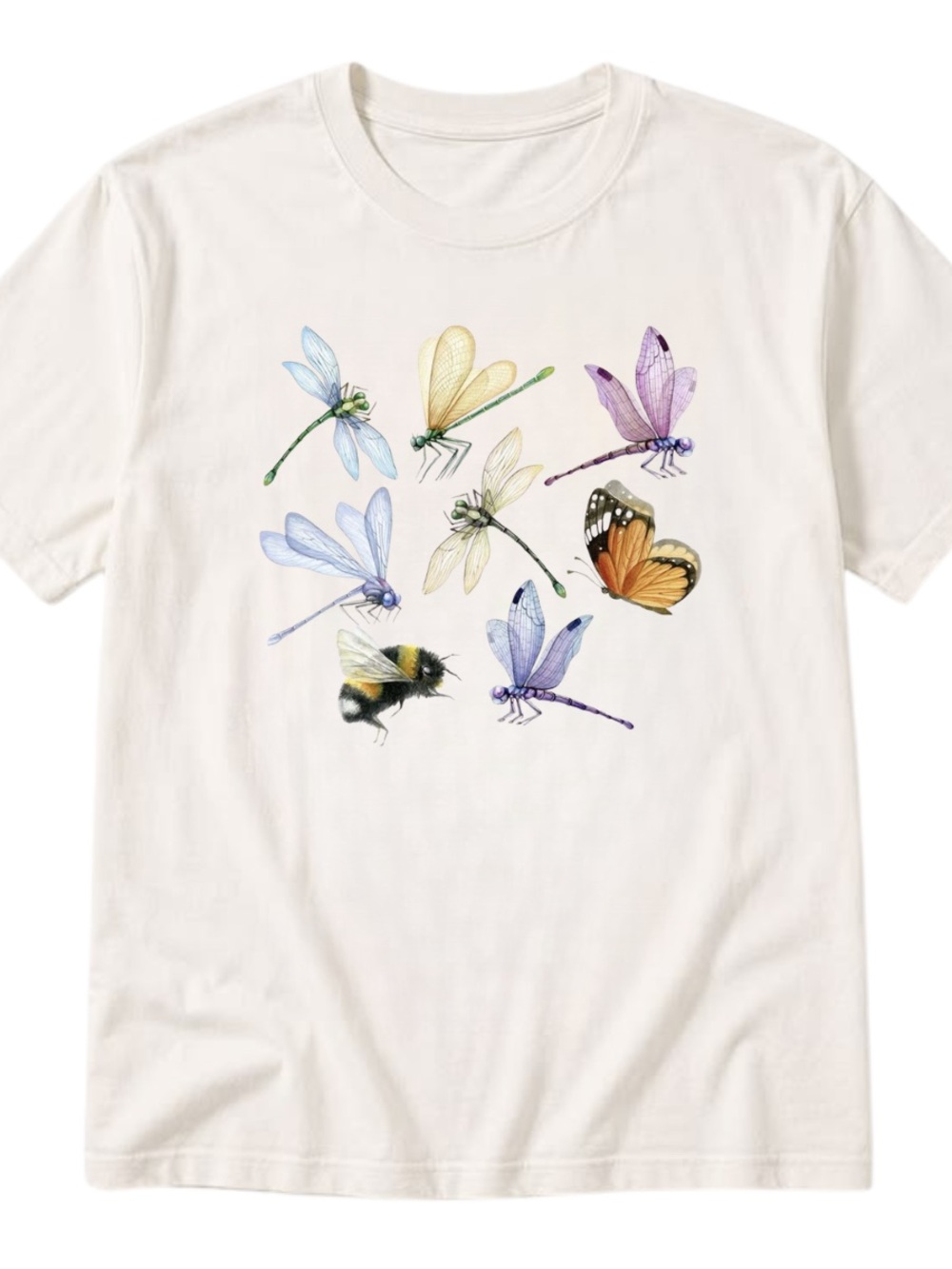Gildan Cream Tee with Pastel Dragonflies, Butterfly & Bumblebee